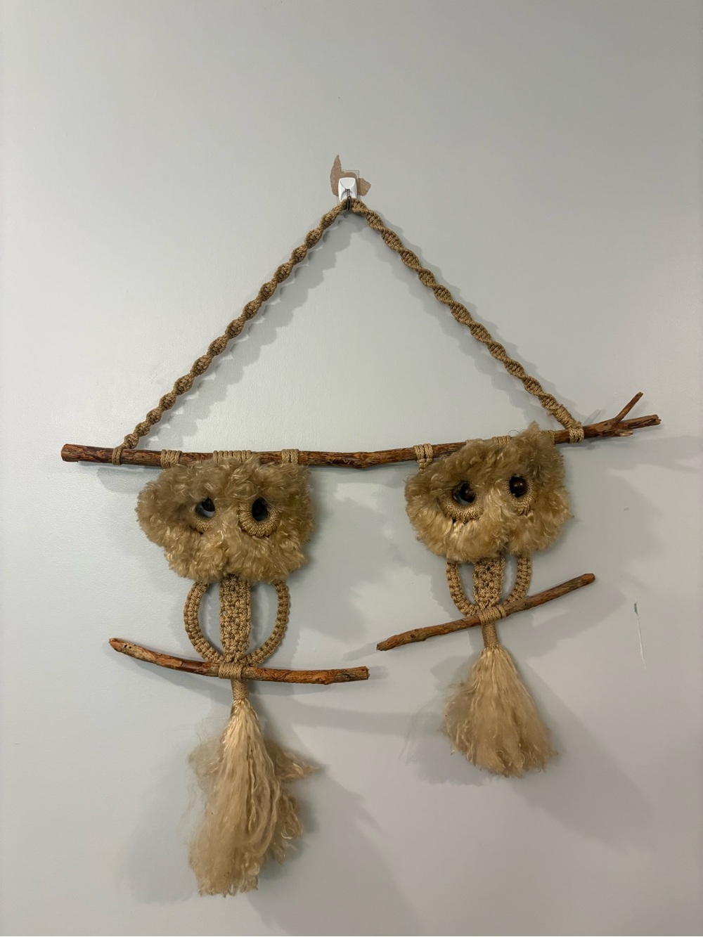 Vintage Macrame owls wall wall hanging on tree branch 1970s Boho kitschy